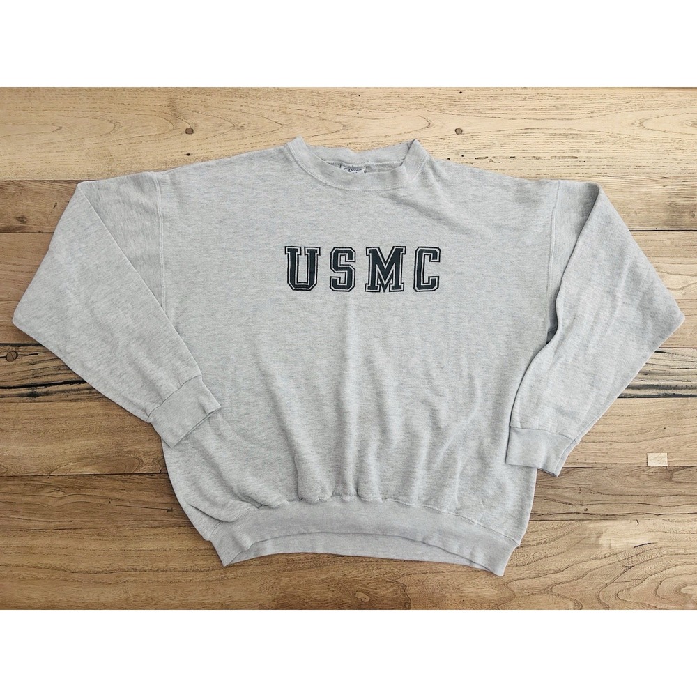 VTG USMC Military Santee Gray Print Pullover Raglan Sweater Size XL Made in USA